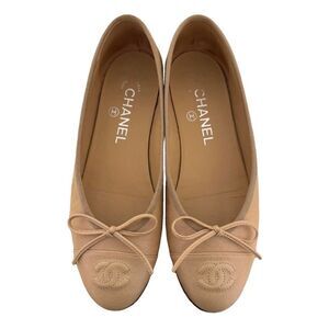 Chanel Pebbled Leather Tan Beige CC Classic Ballet Flats EU 36 US 6 Authentic